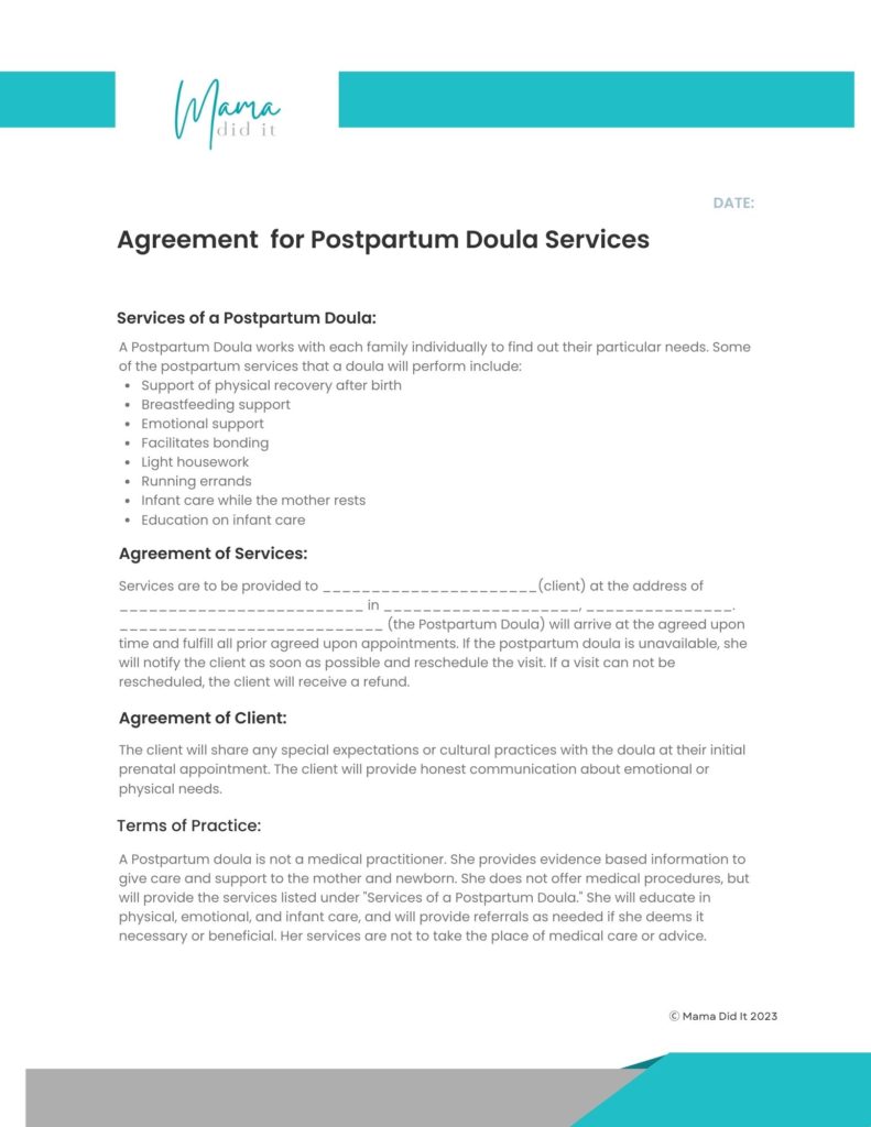 Postpartum Doula Contract and Agreement Template Mama Did It